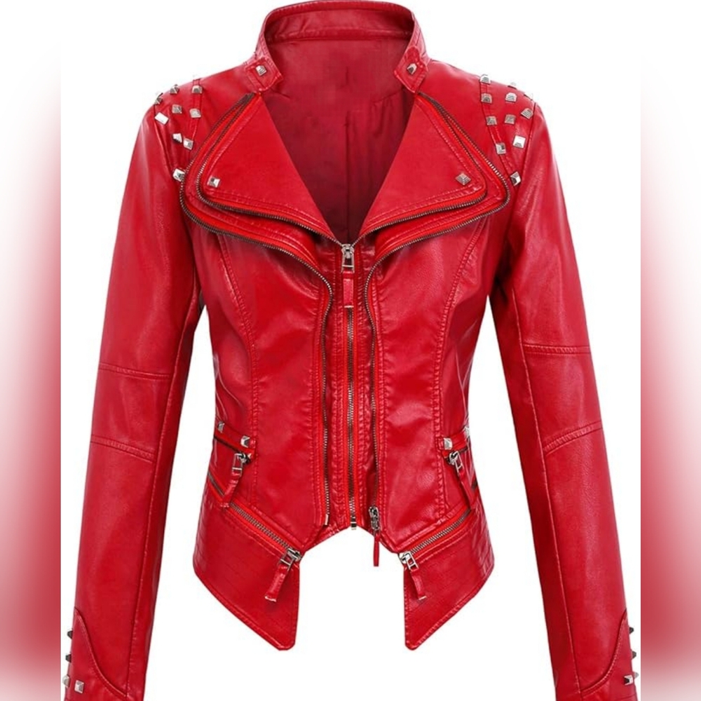 Edgy Cool Red Faux Leather Studded Moto Biker Jacket - Picture 4 of 4